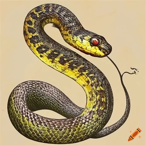 Victorian drawing of a yellow speckled swamp adder snake on parchment paper on Craiyon