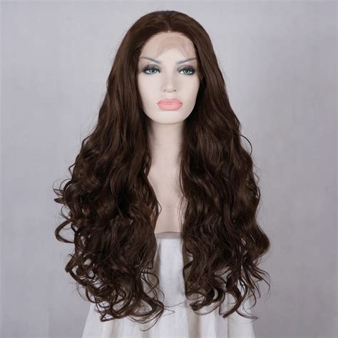 Daily 26" Natural Dark Brown Long Curly Hair Lady Fashion Lace Front Wig+Wig Cap-in Synthetic ...