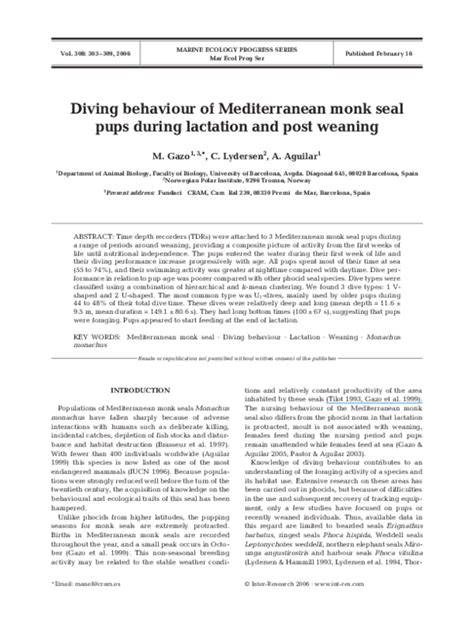 (PDF) Diving behaviour of Mediterranean monk seal pups during lactation and post weaning | Manel ...