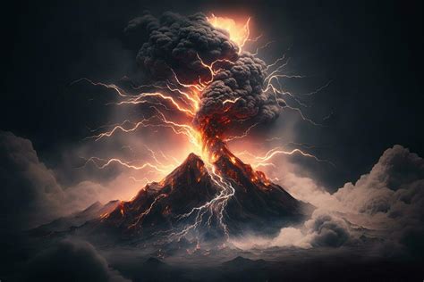 Illustration mountain with volcanic eruption clouds storm lightning 24066448 Stock Photo at Vecteezy