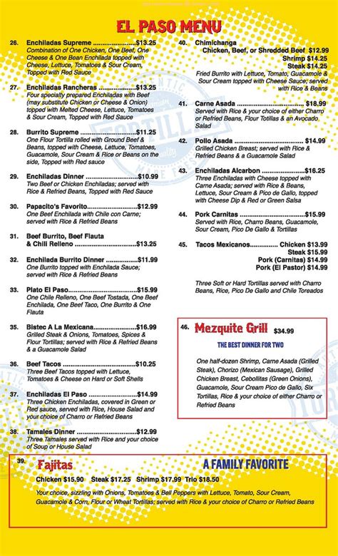 Menu at El Paso Mexican Grill restaurant, Youngsville