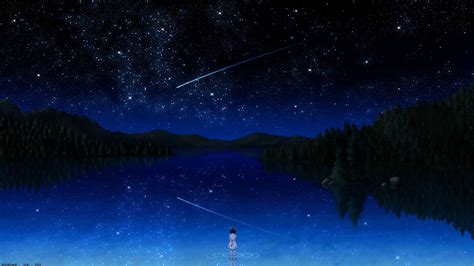 Anime Starry Night Stars Lake Landscape Scenery 4K #21612