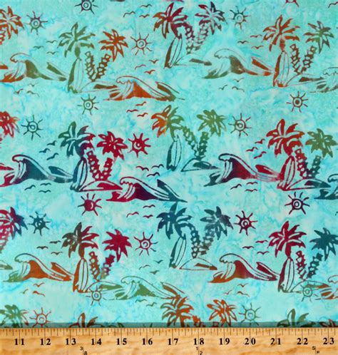 Cotton Batik Surfing TIme Beach Tropical Palm Trees Waves Ocean Surfboards Four Seasons Summer ...