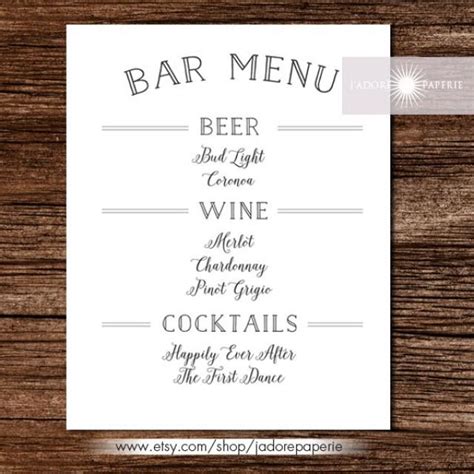 Bar Menu, Liquor Menu, Cocktail Menu, Wedding Bar Menu, Printable Bar ...