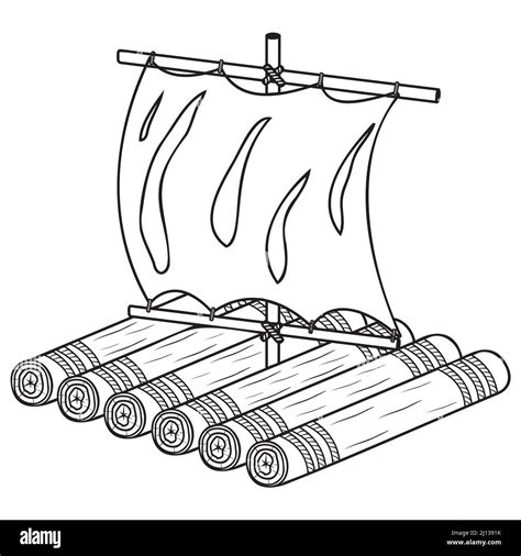 Wooden raft with sail, isolated vector illustration black outline ...