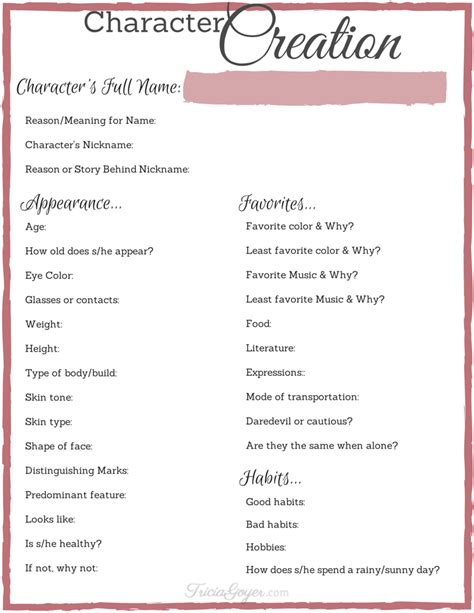 Character Development Worksheet Printable - Lexia's Blog