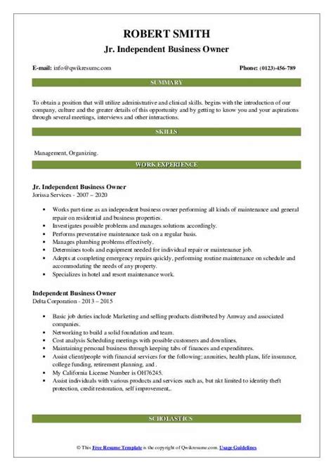 Independent Business Owner Resume Samples | QwikResume