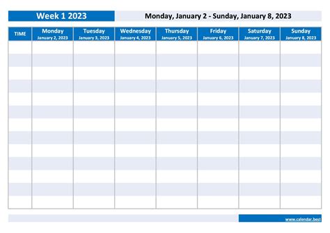 Week 1 2023: dates, calendar and weekly schedule to print