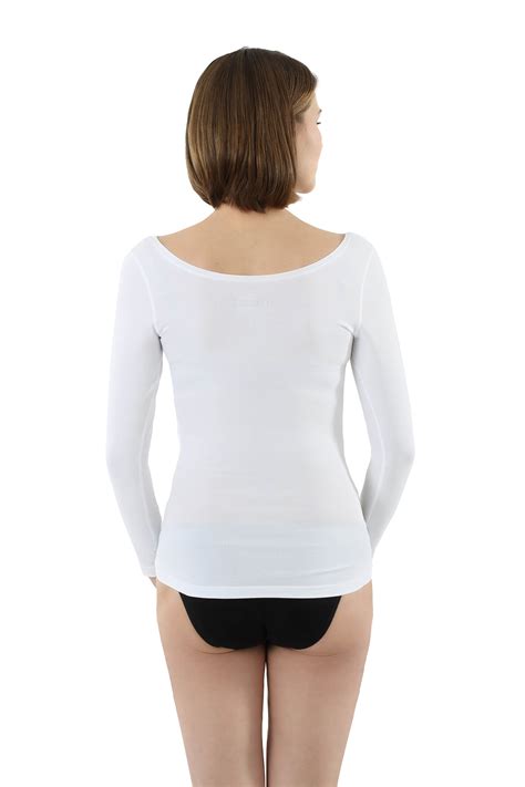 Women's long sleeve undershirt with deep scoop neck stretch cotton white | ALBERT KREUZ