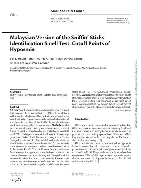 (PDF) Malaysian Version of the Sniffin’ Sticks Identification Smell Test: Cutoff Points of Hyposmia