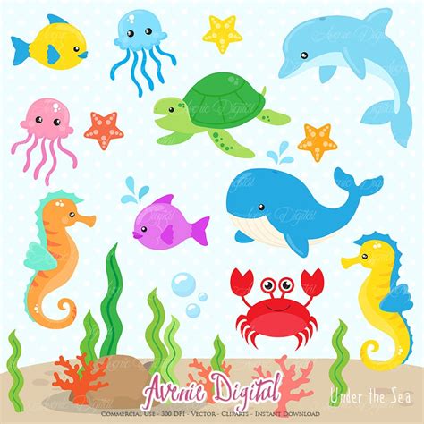 Under the Sea Clipart. Scrapbook printable Cute Sea animals | Etsy