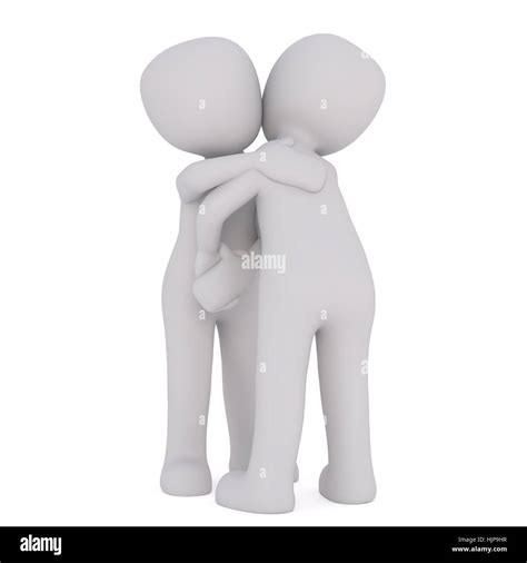 Two faceless cartoon 3D men having handshake with hugging each other, isolated on white ...