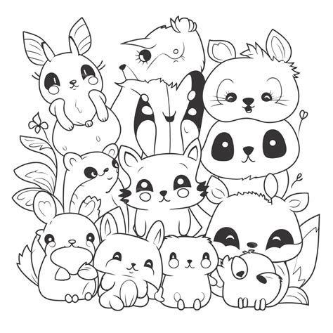 Group Of Kawaii Animals Surrounded By Trees Outline Sketch Drawing ...