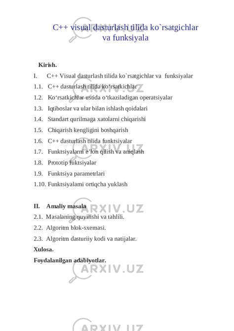 C++ visual dasturlash tilida ko`rsatgichlar va funksiyala - Informatika va AT - Referatlar