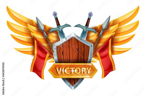 Obraz Game victory UI design element, vector winner RPG logo concept, wooden knight shield ...