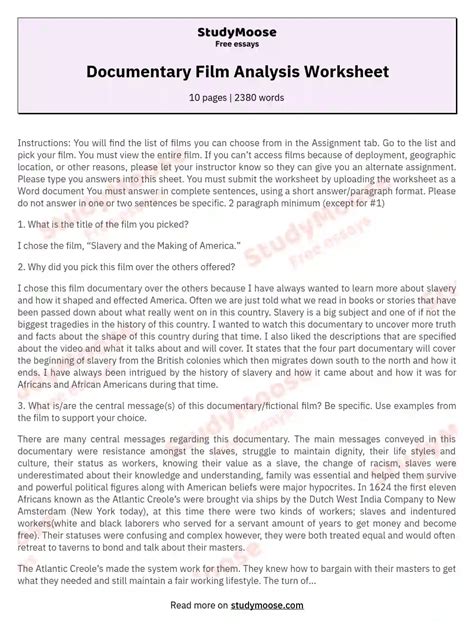 Documentary Film Analysis Worksheet Free Essay Example