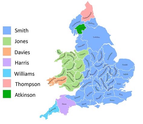 Map of most common surnames in England during the 1881 census. Look who ...