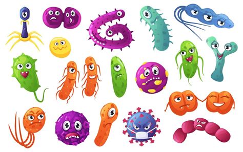 Cartoon bacteria characters. Cute bacteria, germs, viruses with funny ...