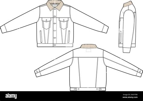 Unisex Men Sherpa denim jacket trucker vector flat technical drawing illustration mock-up ...