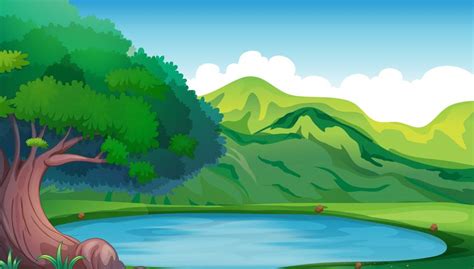 Background scene with pond in the mountain 519480 Vector Art at Vecteezy