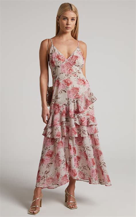 Caliope Maxi Dress - V Neck Tiered Ruffle Dress in Pink Floral | Showpo USA