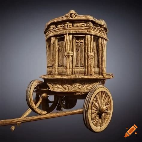 Unreal engine 5 rendering of an etruscan-hittite wooden chariot with golden sun on a grey ...