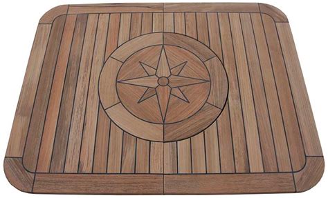 Teak Table, Folding, Square w Compass Rose Inlay