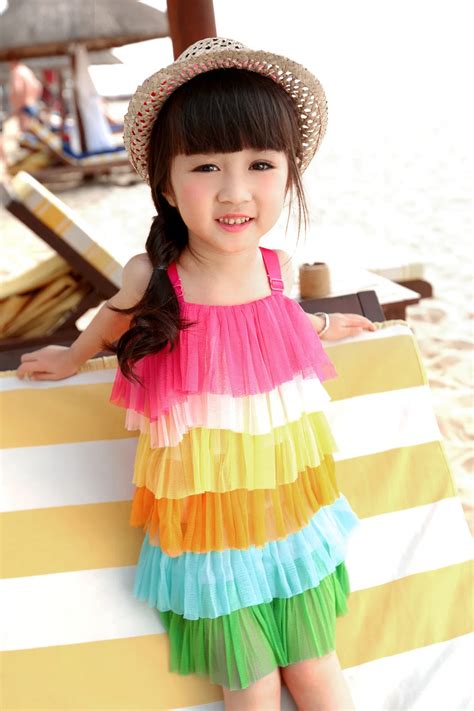 2013 rainbow dresses for girls summer fashion sleeveless children cotton+lace ball gown kids ...