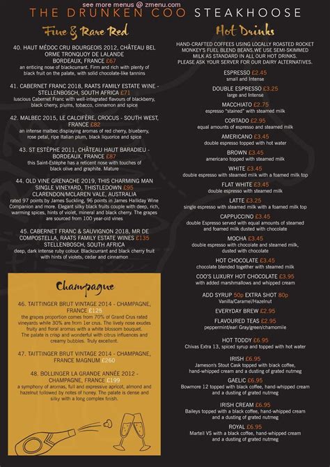 Online Menu of The Drunken Coo Restaurant, Ayr, United Kingdom, KA7 2EG - Zmenu