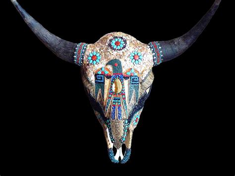 Buffalo Bison Skull Mosaic Rattlesnake Mother of Pearl Western Southwestern Native American ...