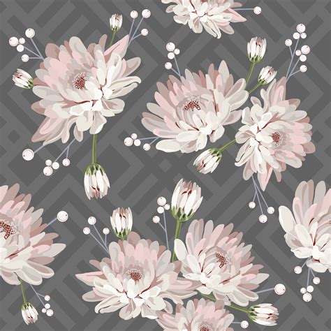 Floral seamless pattern with chrysanthemums on grey geometric background. Vector illustration ...