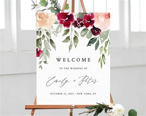 Burgundy & Blush Floral Wedding Welcome Sign Template, Welcome to the Wedding Printable, Welcome ...