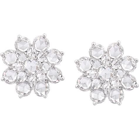 Rarever 18K White Gold Rose Cut Diamond Flower Cluster Stud 7.74cts Earrings For Sale at 1stDibs