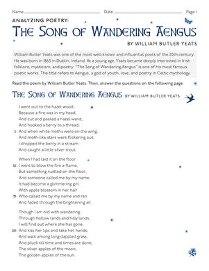 Analyzing Poetry: "The Song of Wandering Aengus" by William Butler Yeats | Worksheet | Education.com