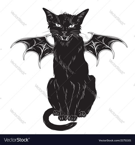 Creepy black cat with monster wings isolated Vector Image