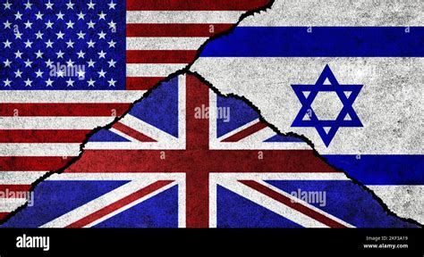 USA, United Kingdom and Israel flag together on a textured wall ...