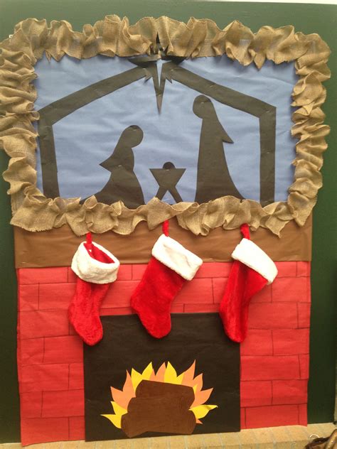 Nativity bulletin board for Christmas, complete with fireplace, mant… | School christmas door ...