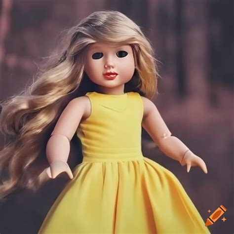 American girl doll resembling taylor swift in her fearless era wearing a yellow dress on Craiyon