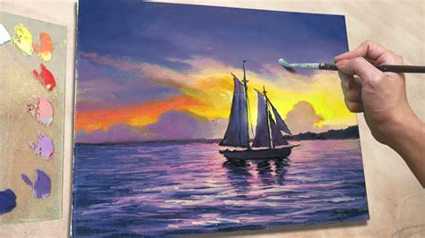 Acrylic Painting Sailboat on Sunset Seascape - YouTube