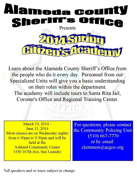 Alameda County Sheriff's Office 2014 Spring Citizen's Academy is taking applicants. Alameda ...