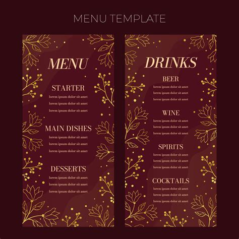 Floral wedding Menu template in elegant golden style, invitation card ...