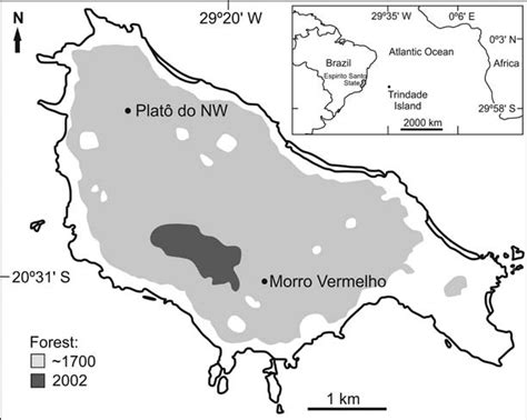 Map of Trindade Island, indicating the areas occupied by forest during... | Download Scientific ...