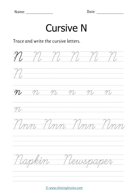 Cursive n - Free cursive writing worksheet for small and capital n practice