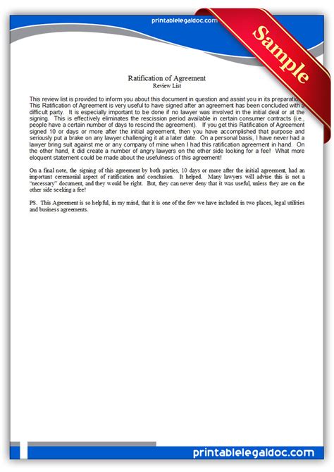 Free Printable Ratification Of Agreement Form (GENERIC)