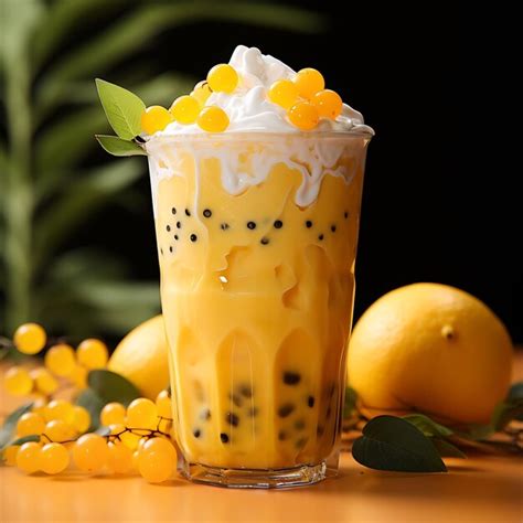 Premium Photo | Photo of Mango Boba Smoothie Blended Mango Base Tapioca Pearls Transp Front View ...