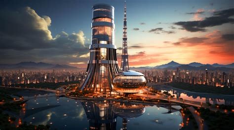 Premium AI Image | Modern skyscraper reflects futuristic air traffic ...