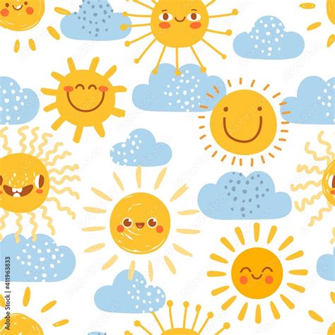 Cartoon sun seamless pattern. Print for nursery with summer sunny day ...