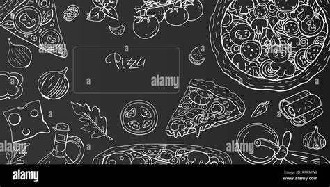 Vintage horizontal pizza banner on black background. Vector doodle pizza menu Stock Vector Image ...