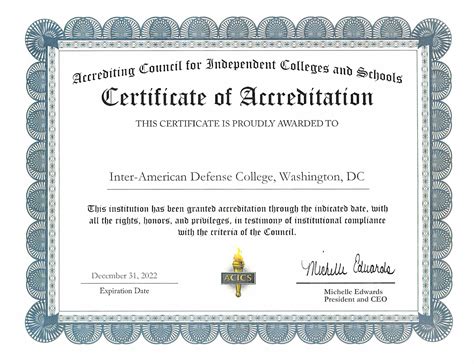 ACICS Accreditation Certificate – Inter American Defense College