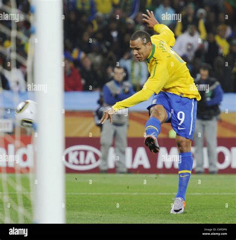 Brazil striker Luis Fabiano scores the opening goal 2010 FIFA World Cup - Brazil v Ivory Coast ...